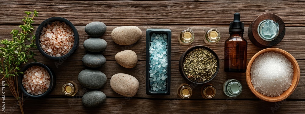 Spa on wooden table. beauty treatment items for spa massage stones, essential oils and sea salt Spa on wooden table. beauty treatment items for spa massage stones, essential oils and sea salt