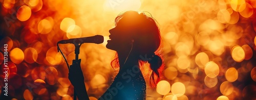 silhouette women singing on stage with beautiful bokeh background for contest challenge banner photo