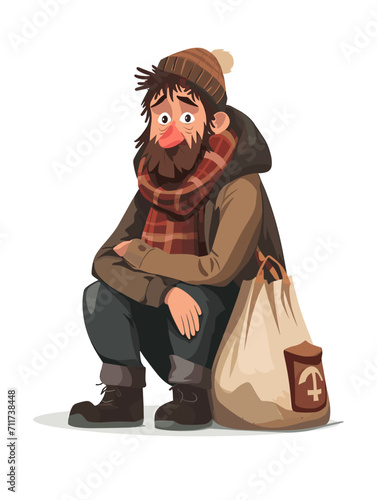 Sad homeless man on white background, vector