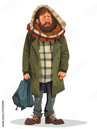 Sad homeless man on white background, vector