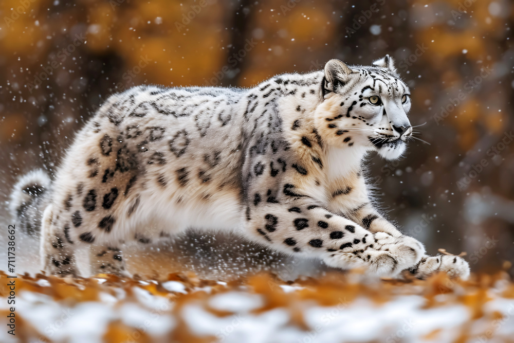 Naklejka premium Snow Leopard running in snow.