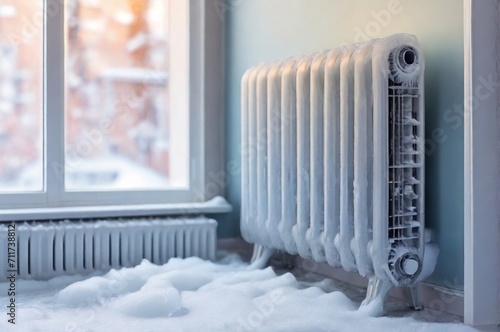 Wallpaper Mural Heating radiator covered with a layer of ice at the bright apartment. The concept of the heating season, the onset of cold weather, sub-zero temperatures, heating devices, burst heating batteries. AI Torontodigital.ca
