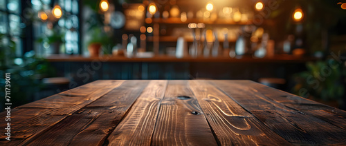 A dark wood table in a cozy cafe with a blurred background, creating a warm and inviting atmosphere for dining and relaxation. photo