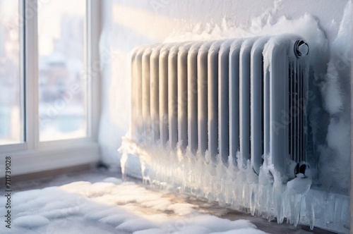 Wallpaper Mural Heating radiator covered with a layer of ice at the bright apartment. The concept of the heating season, the onset of cold weather, sub-zero temperatures, heating devices, burst heating batteries. AI Torontodigital.ca