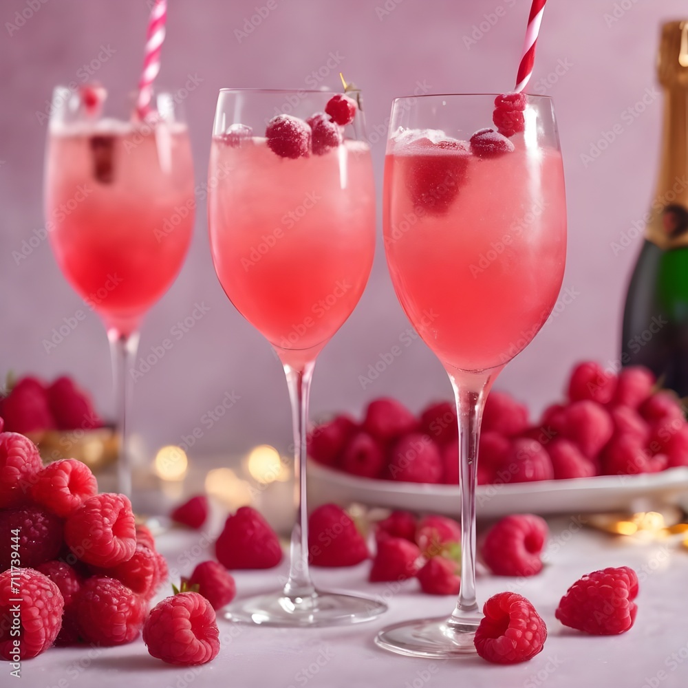 Pink cocktail with champagne or prosecco and fresh raspberries for St. Valentine day Pink cocktail with champagne or prosecco and fresh raspberries for St. Valentine day