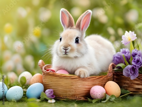 Easter bunny in basket with eggs and flowers. The basket of eggs is a classic symbol of Easter. © Natti