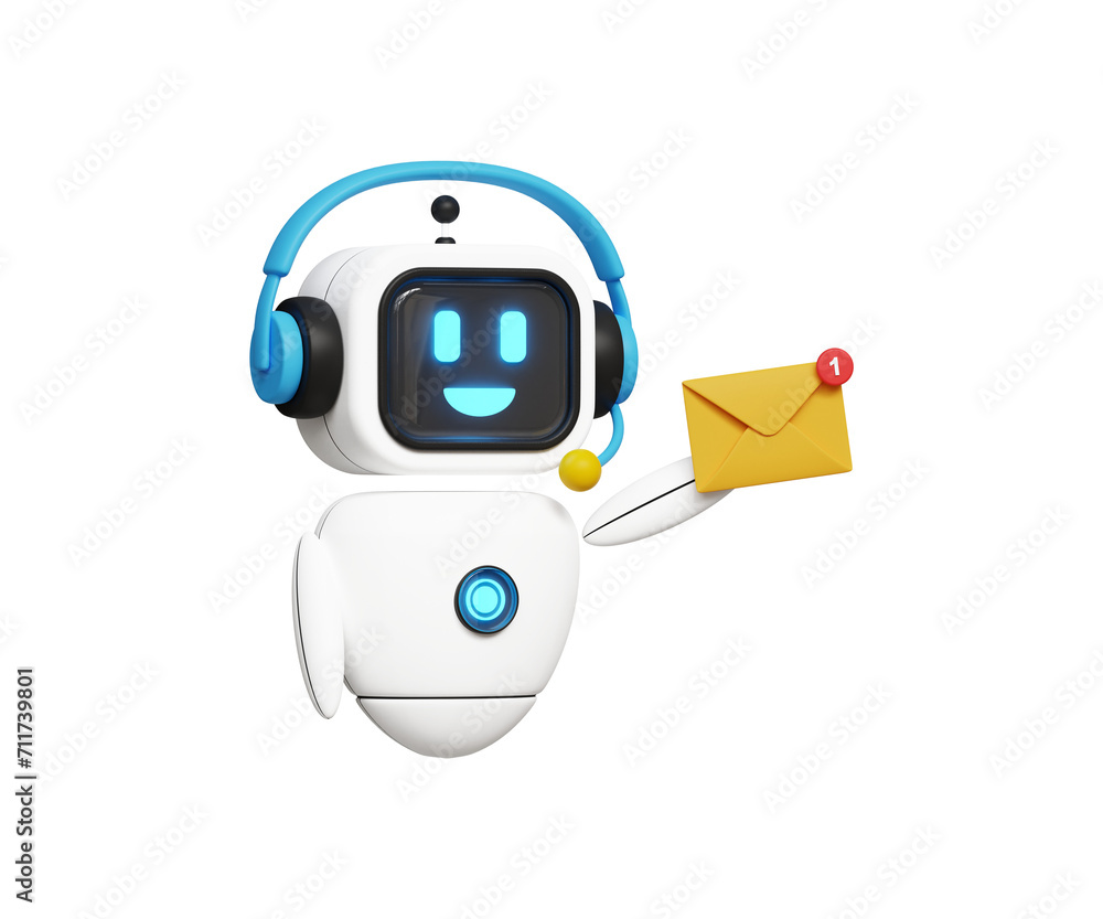 Fototapeta premium Automated email marketing concept. Marketing automation, email software, artificial intelligence. 3D 3D robot holding letter or email in hand. 3d illustration