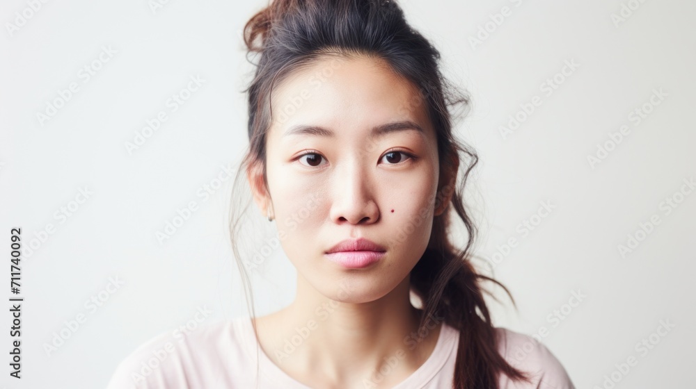 The camera captures the real features and imperfections of an Asian woman's face. The camera captures the real features and imperfections of an Asian woman's face.