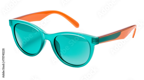 turquoise fashion sunglasses with orange accents, translucent frames isolated on a transparent background, side view, mens and womens hipster summer fashion, unisex beach swim and travel accessories