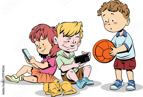 Two children sitting on the ground with smartphones and one boy standing next to him with a ball.
Color Vector illustration of cartoon kids using phones for surfing internet.
