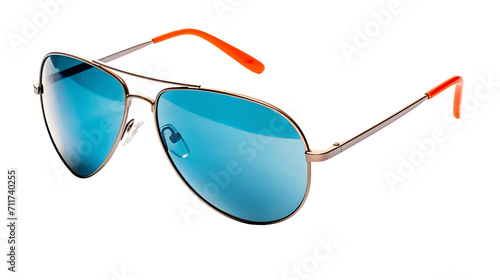 wire frame fashion sunglasses with blue lenses orange accents, , isolated on a transparent background, side angle, mens and womens hipster summer fashion, unisex beach day and travel accessories