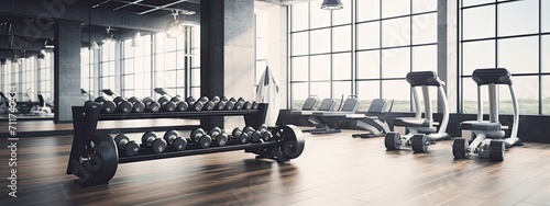 Dumbbells in a clean, modern fitness room. Healthy. exercise