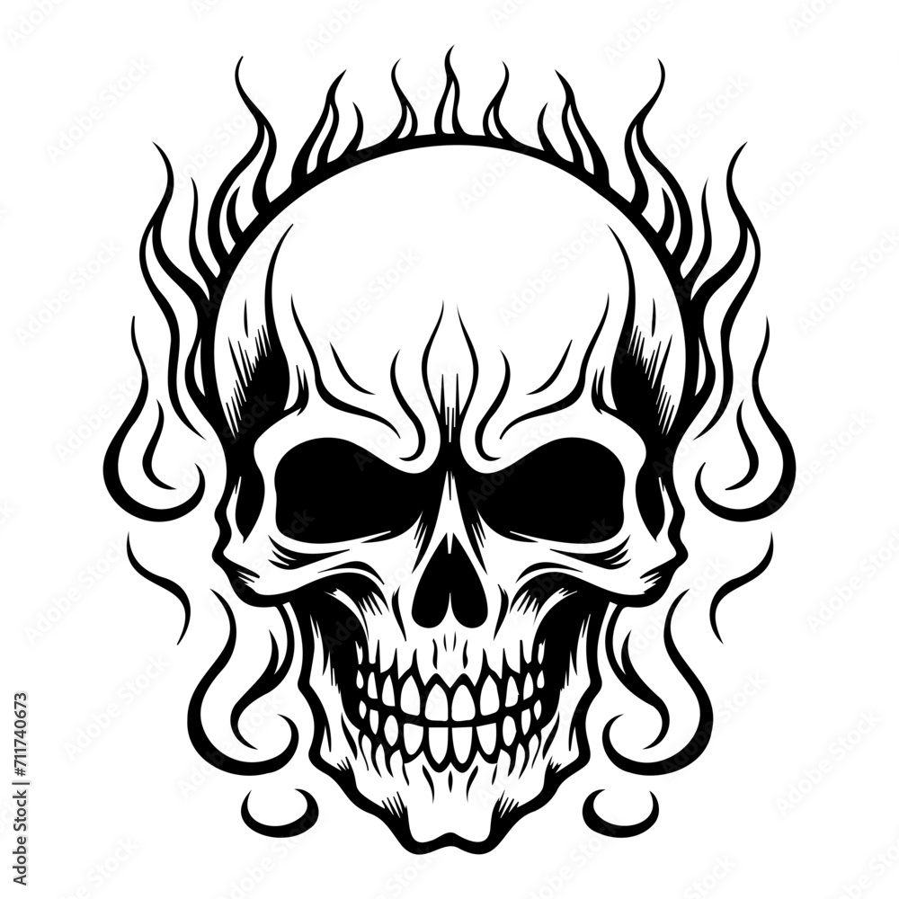 Skull in flames icon illustration, Skull in flames black silhouette logo svg vector