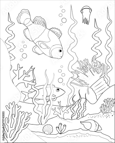 Coloring book page with underwater scene. Vector illustration.