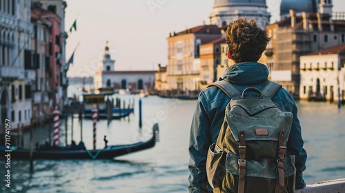 Young student man traveler with backpack on the Grand Canal in Venice, Italy © Obsidian