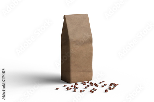 Blank coffee back with spread coffee beans on the floor mockup (ID: 711741479)