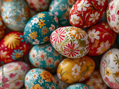 Easter eggs painted in different colors and patterns on a wodden background