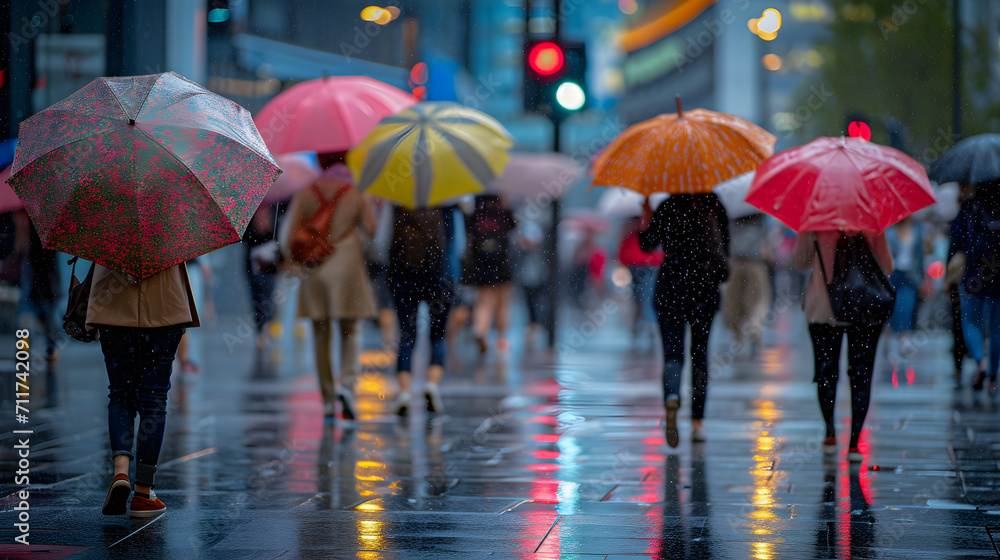  City Life in Rain: People Walking with Colorful Umbrellas