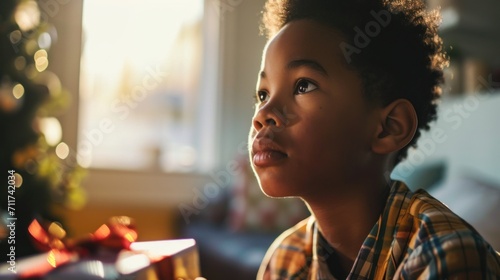 In a bright kids' room, an Afro kid holds a gift box, gazing at their family.