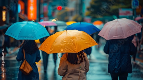 Vibrant Umbrellas Line a Rain-Soaked City Street
