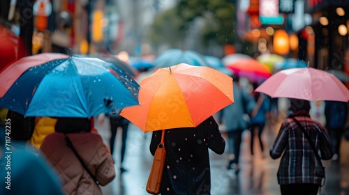 City Dwellers Walking with Umbrellas on Rainy Street