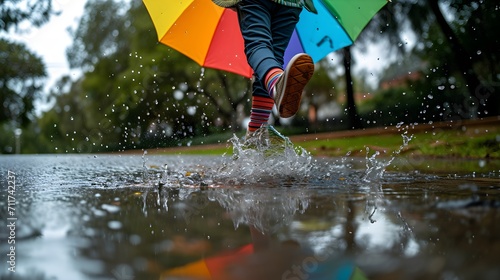 Joyful Rainy Day: Splashing in Puddles with a Colorful Umbrella