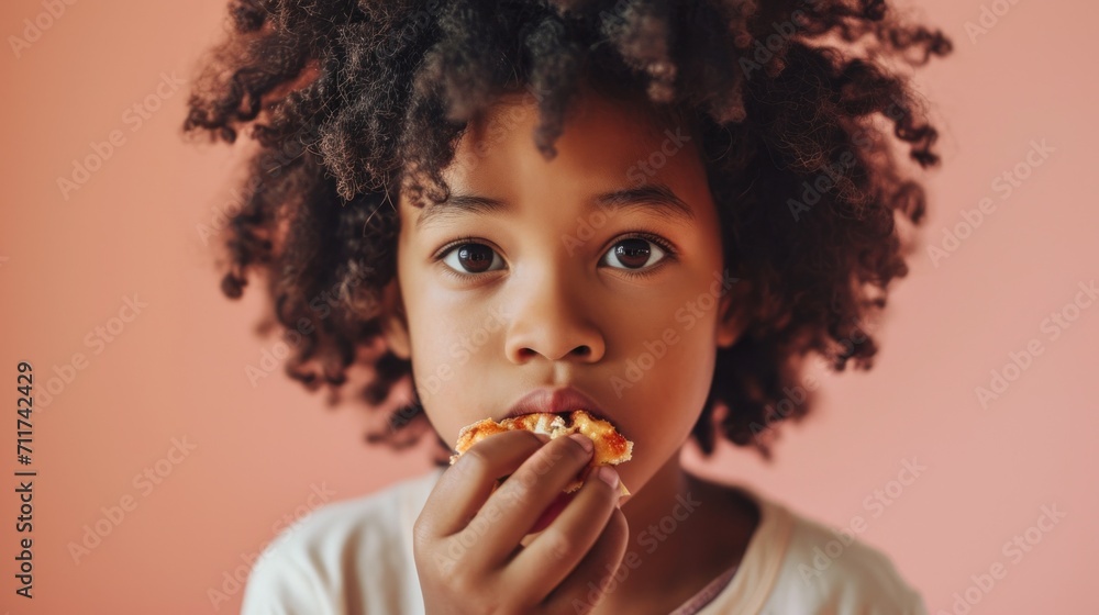 Portrait of an afro kid happily bites into a pizza slice while looking at the camera. Portrait of an afro kid happily bites into a pizza slice while looking at the camera.