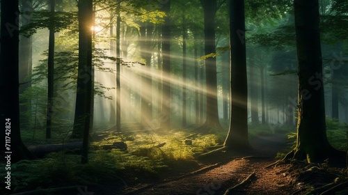 A magical forest scene with sunbeams piercing through the trees  offering space for text overlay within the enchanting woodland setting - Generative AI
