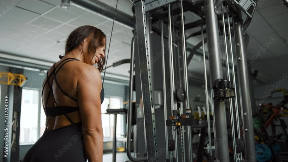 Active fitness woman doing triceps pushdown exercise at gym Active fitness woman doing triceps pushdown exercise at gym
