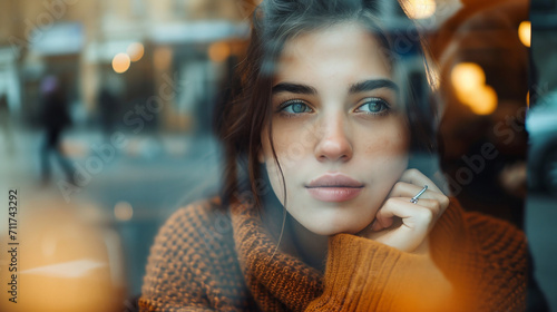 Portrait of attractive young woman drinking coffee in cafe. 