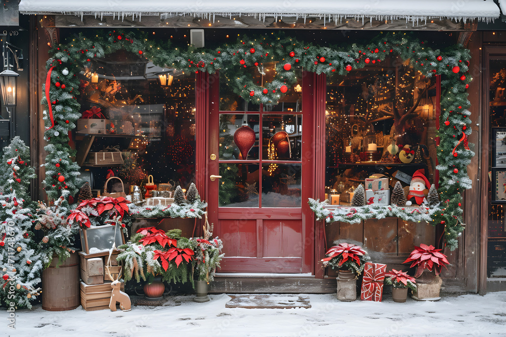 Charming storefront with frost-covered windows showcasing beautifully arranged Christmas decorations, enticing passersby with holiday spirit.