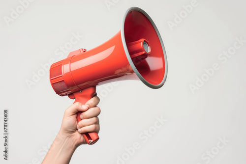 Megaphone in hand on white background