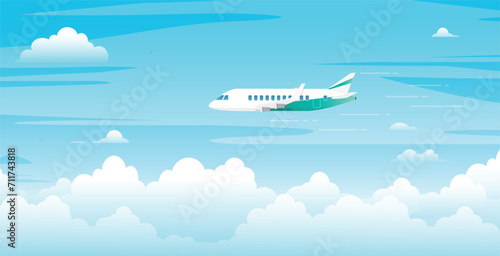Passenger plane is flying in the cloudy sky.