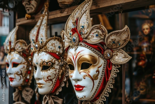 Colorful carnival masks displayed in a shop window in the center of Venice for the traditional carnival. Mardi Gras, masquerade party or holiday event