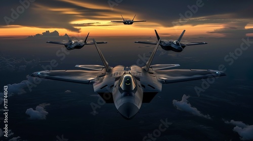 Multiple stealth aircraft flying in formation at dusk made Ai generative technology