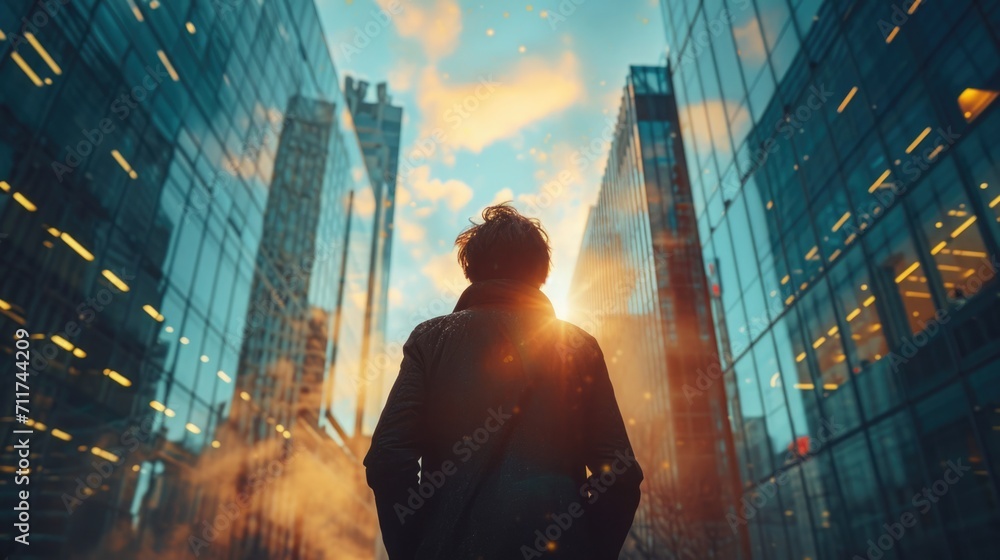 Confidence and Ambition Concept, Wide Shot of a Person Standing Tall in a Cityscape, Determined Expression, Ready to Conquer Challenges, Urban Energy Surrounding Them. - obrazy, fototapety, plakaty 