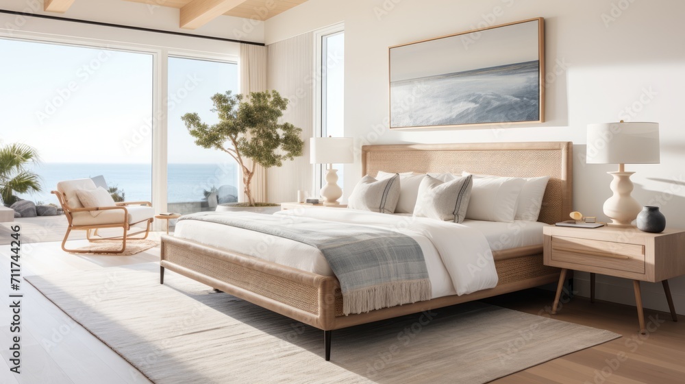 Obraz na płótnie natural coastal interior bedroom beautiful example of modern coastal style including a soft natural color palette, natural elements cane bed blue and white patterned rug and white nights house design w salonie