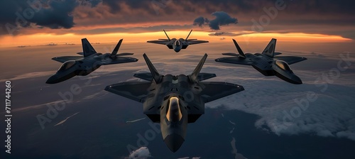 Multiple stealth aircraft flying in formation at dusk made Ai generative technology photo