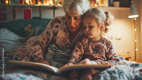 In cozy pajamas, a grandmother and grandchild bond over a fairystory book on the bed before sleep. photo