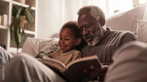 An afro grandfather and grandchild enjoy a bedtime story together on the couch before sleep. photo
