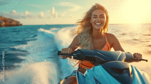 A beautiful woman riding a jet ski made with Ai generative technology, person is fictional photo