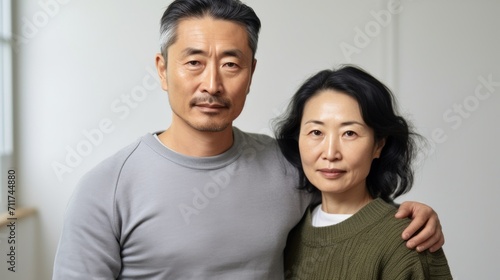 At home, an Asian couple in their middle age wraps themselves in a loving embrace, radiating happiness.