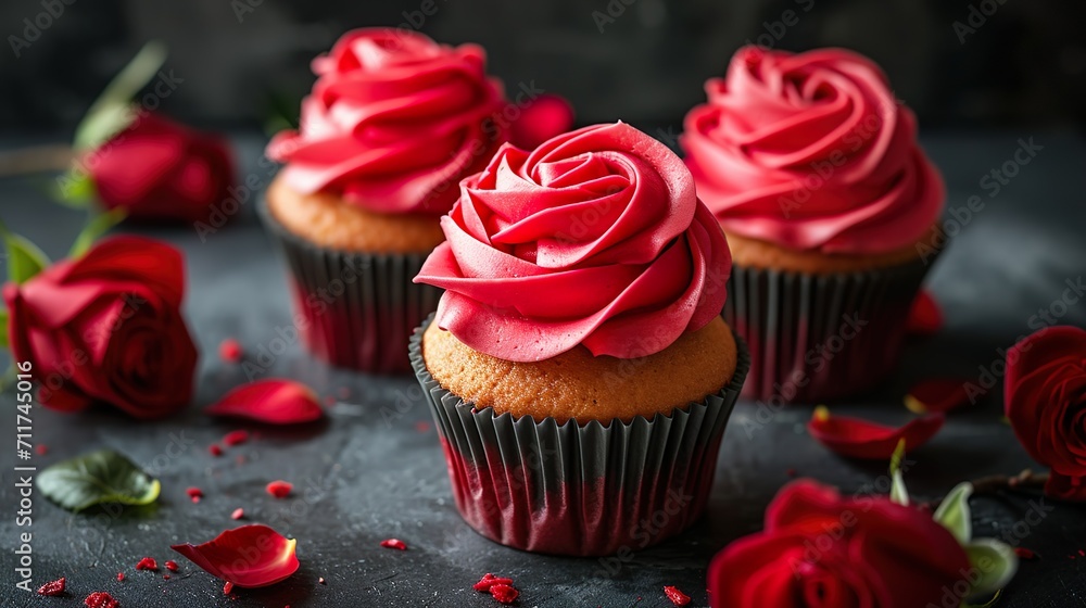 Valentine's day cupcakes with red buttercream shaped like a rose made with Ai generative technology
