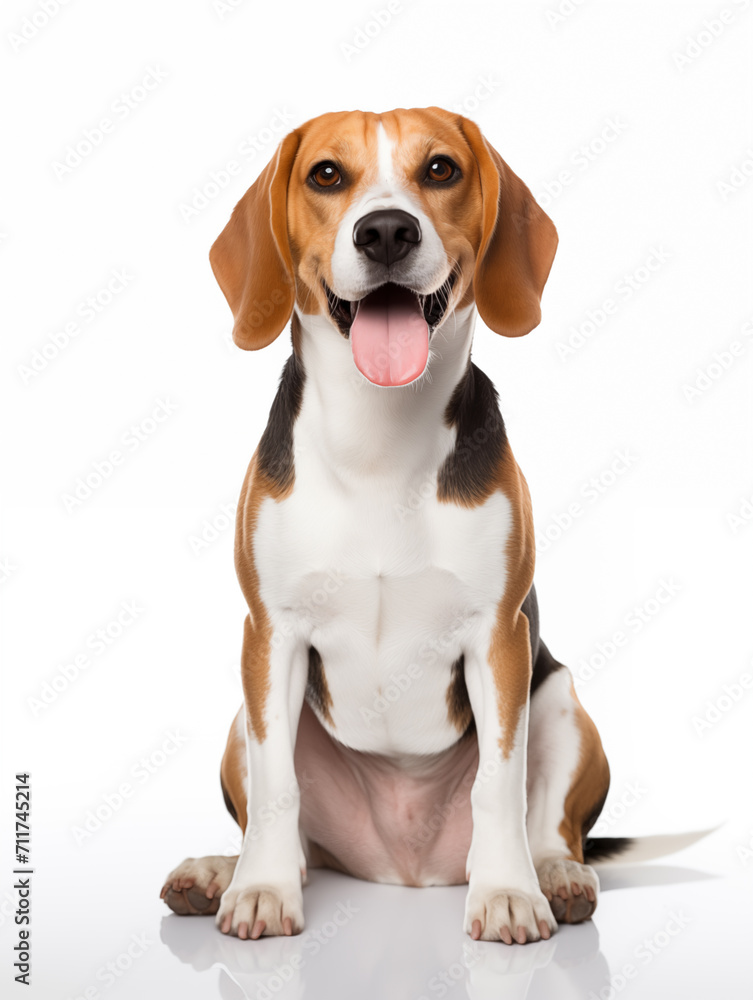 Happy beagle dog sitting looking at camera, isolated on all white background