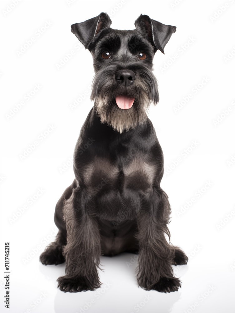 Happy black schnauzer dog sitting looking at camera, isolated on all white background