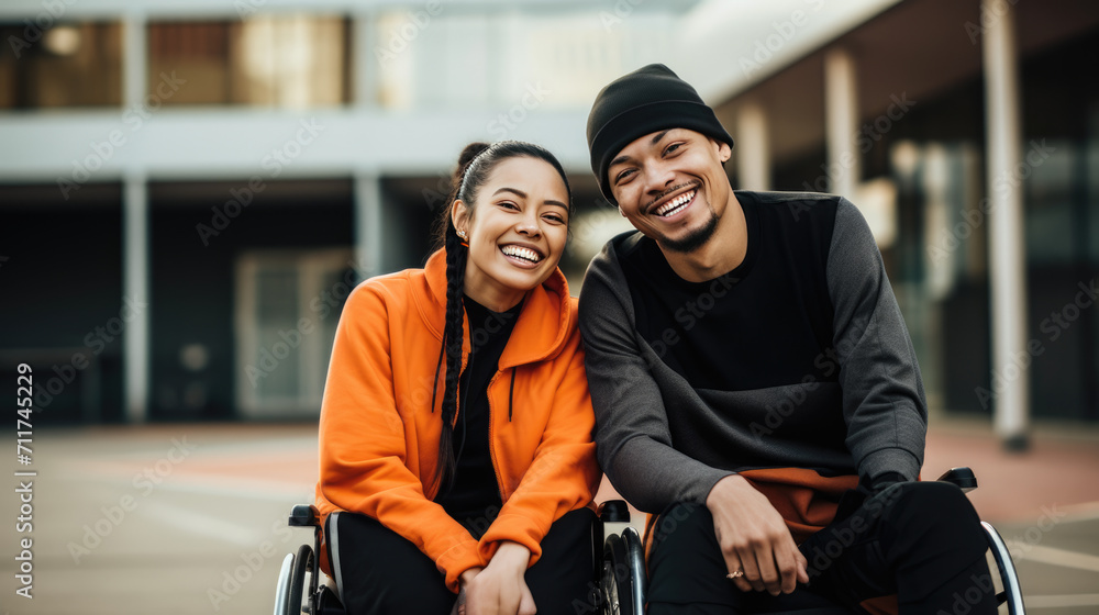 A man and a woman in a wheelchair on a sports field on the street A man and a woman in a wheelchair on a sports field on the street