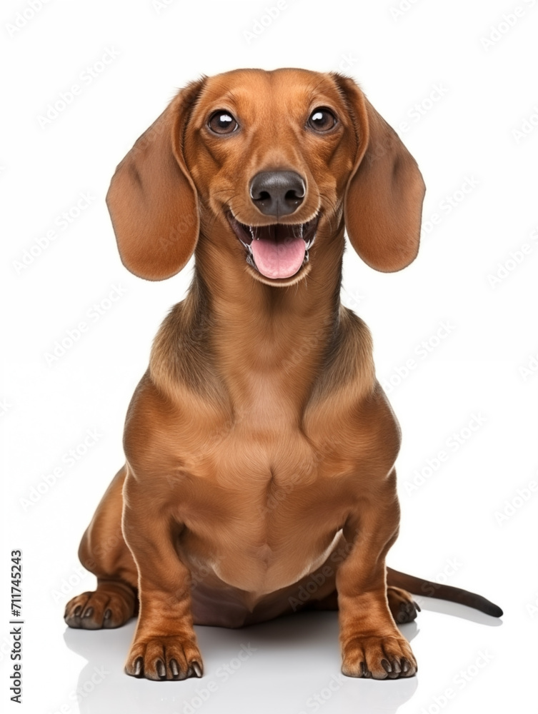 Happy Dachshund dog sitting looking at camera, isolated on all white background
