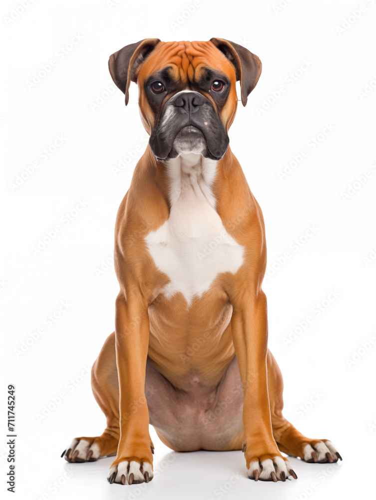 Happy boxer dog sitting looking at camera, isolated on all white background