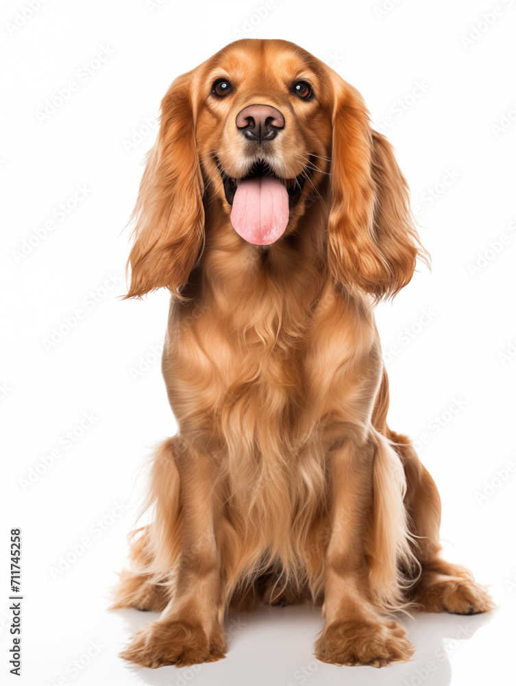 Happy cocker spaniel dog sitting looking at camera, isolated on all white background