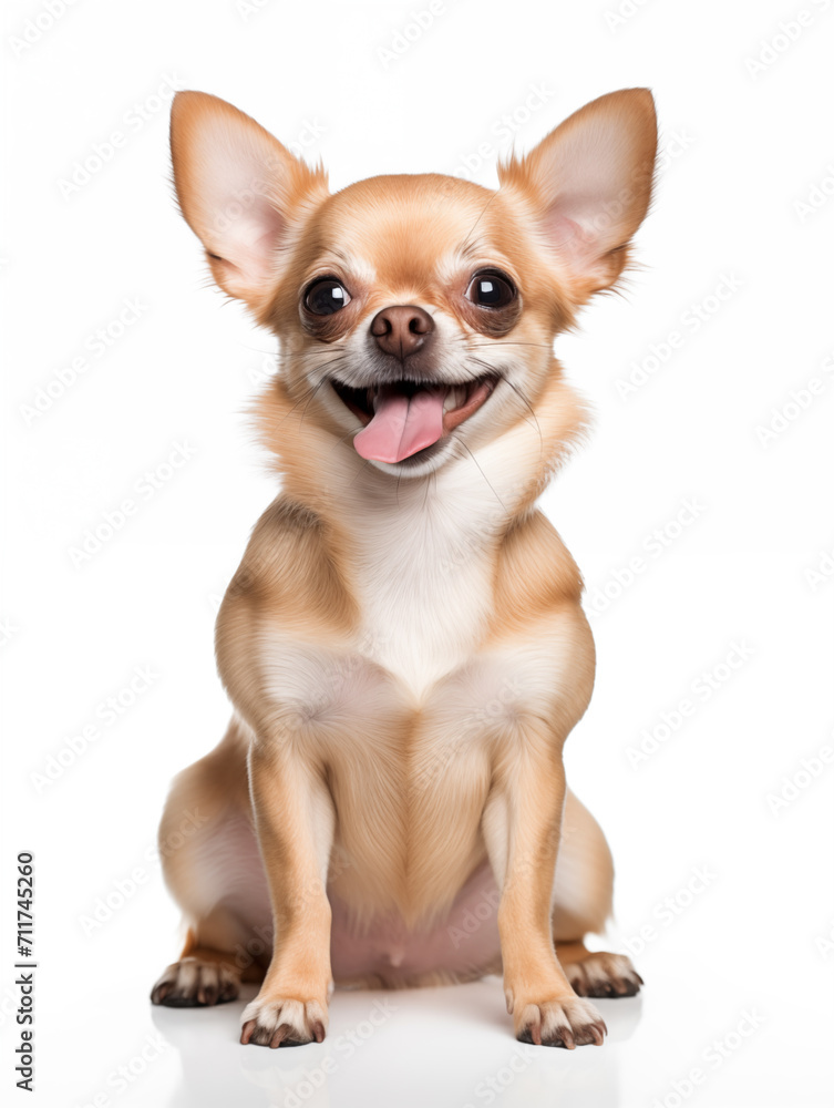 Happy chihuahua dog sitting looking at camera, isolated on all white background